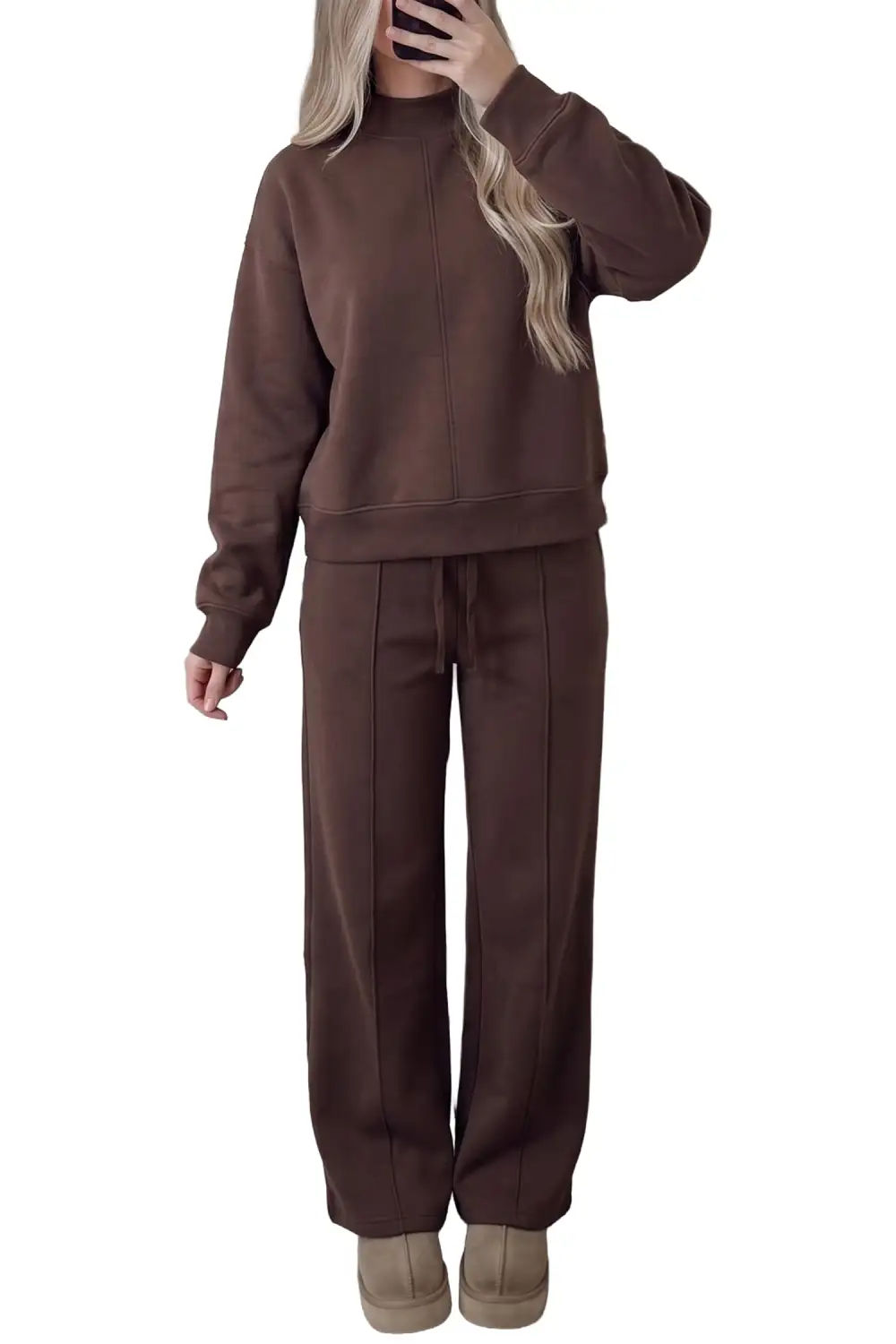 Women's Solid Color Piping Trim Mock Neck Pullover Drawstring Pants Set