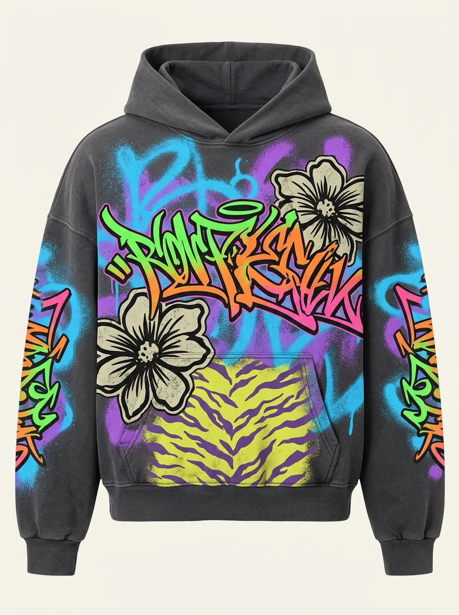 Men's Streetwear Graffiti Floral Tiger Printed Hoodie
