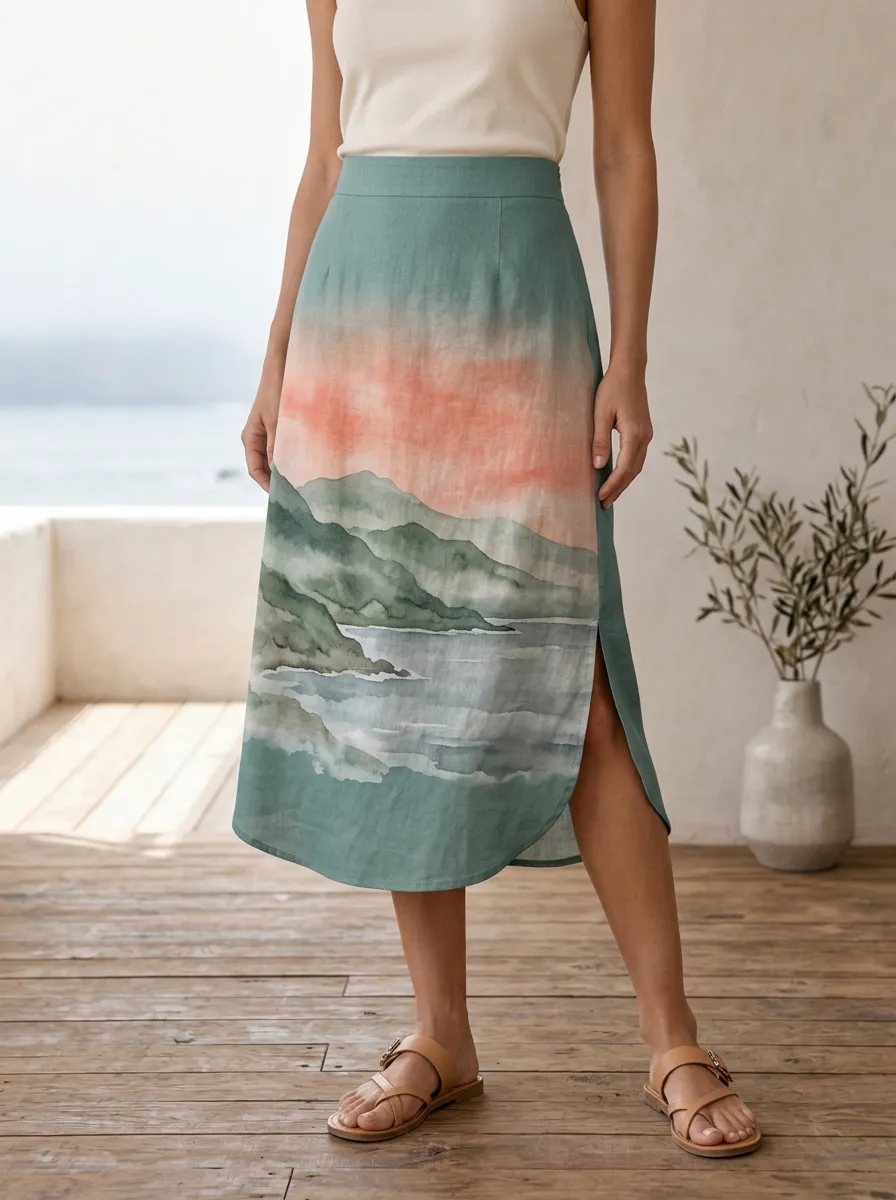 Women's Landscape Nature Lover Watercolor Printed Midi Skirt