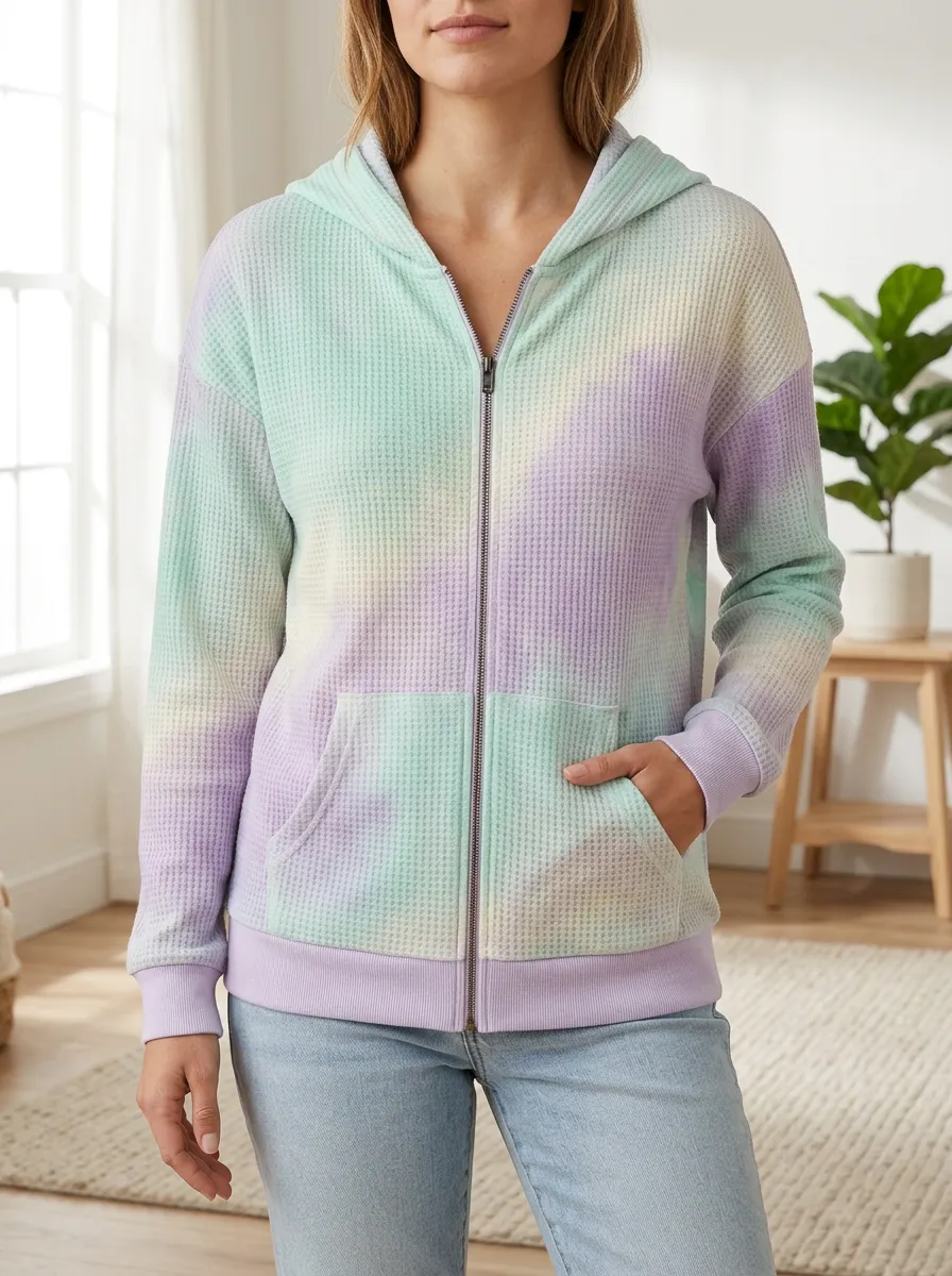 Women's Pastel Tie-Dye Modern Design Waffle Zip-Up Hoodie