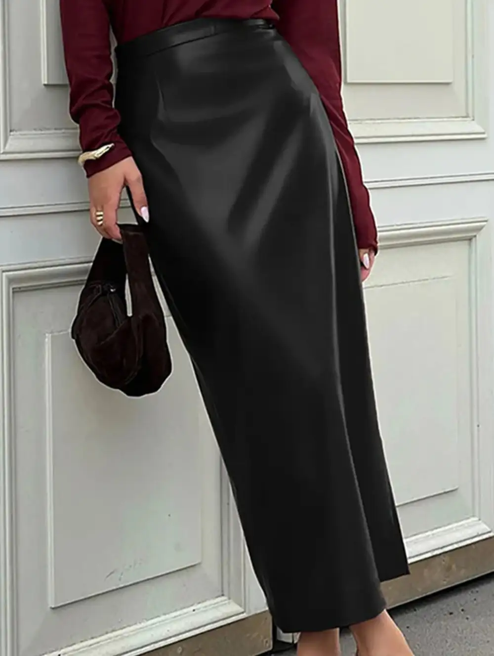 Leather Look Pencil Slit Midi Skirt