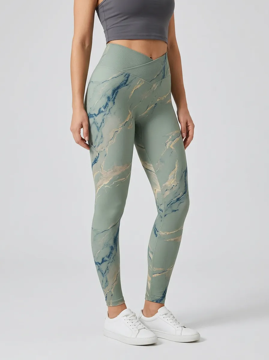 Women's Marble-Print Crossover-Waist V-Waist High-Rise Leggings