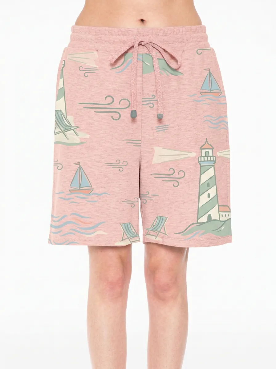 Women's Nautical Beach Lover Lighthouse Sailboat Vacation Graphic Shorts