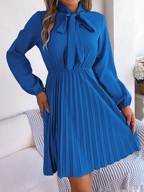 Long Sleeve Relaxed Pleated Solid Color Tied Mock Neck Mini Dress