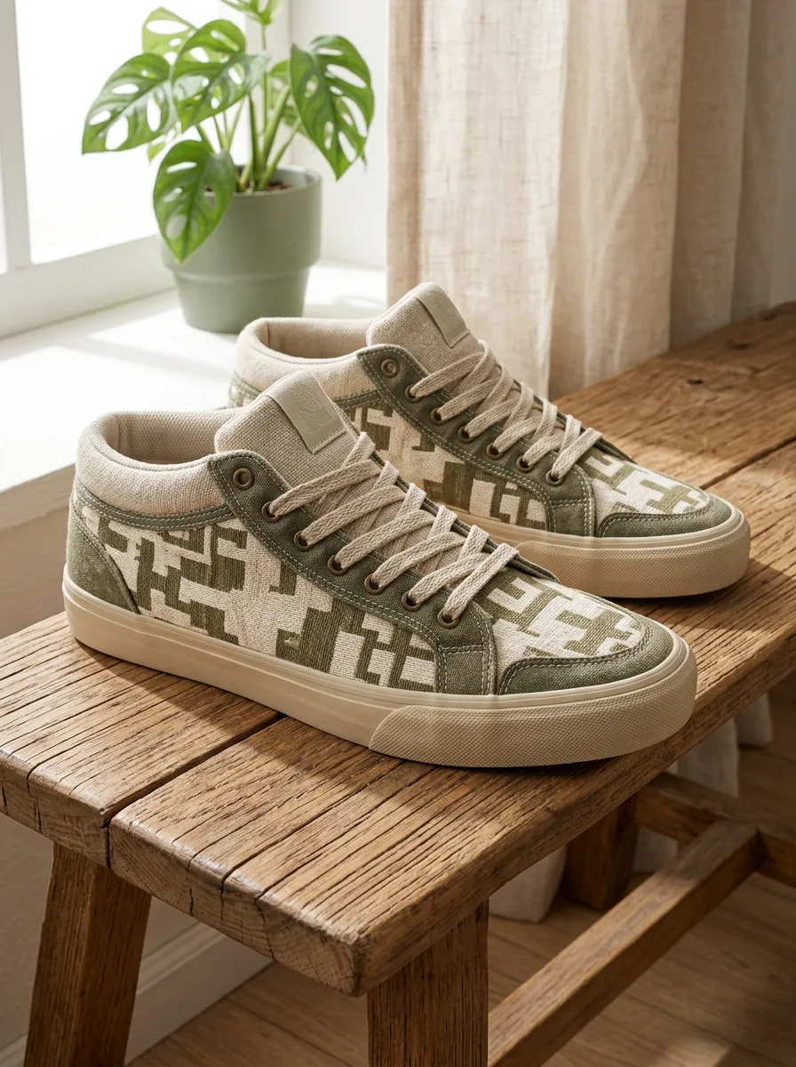 Women's Geometric Pattern Olive Green Printed Sneakers