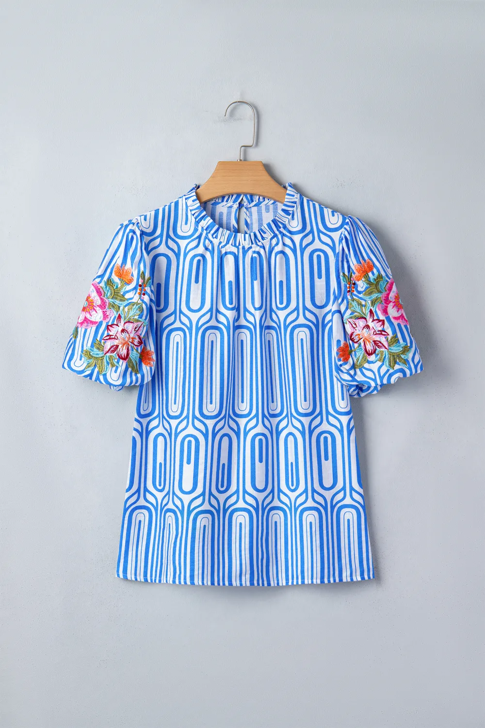 Sky Blue Geometry Print Floral Blouse