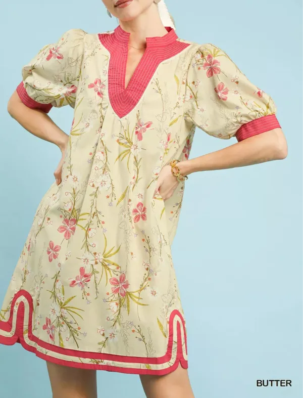 Floral Print V-Neck Puff Sleeve Pocketed Dress