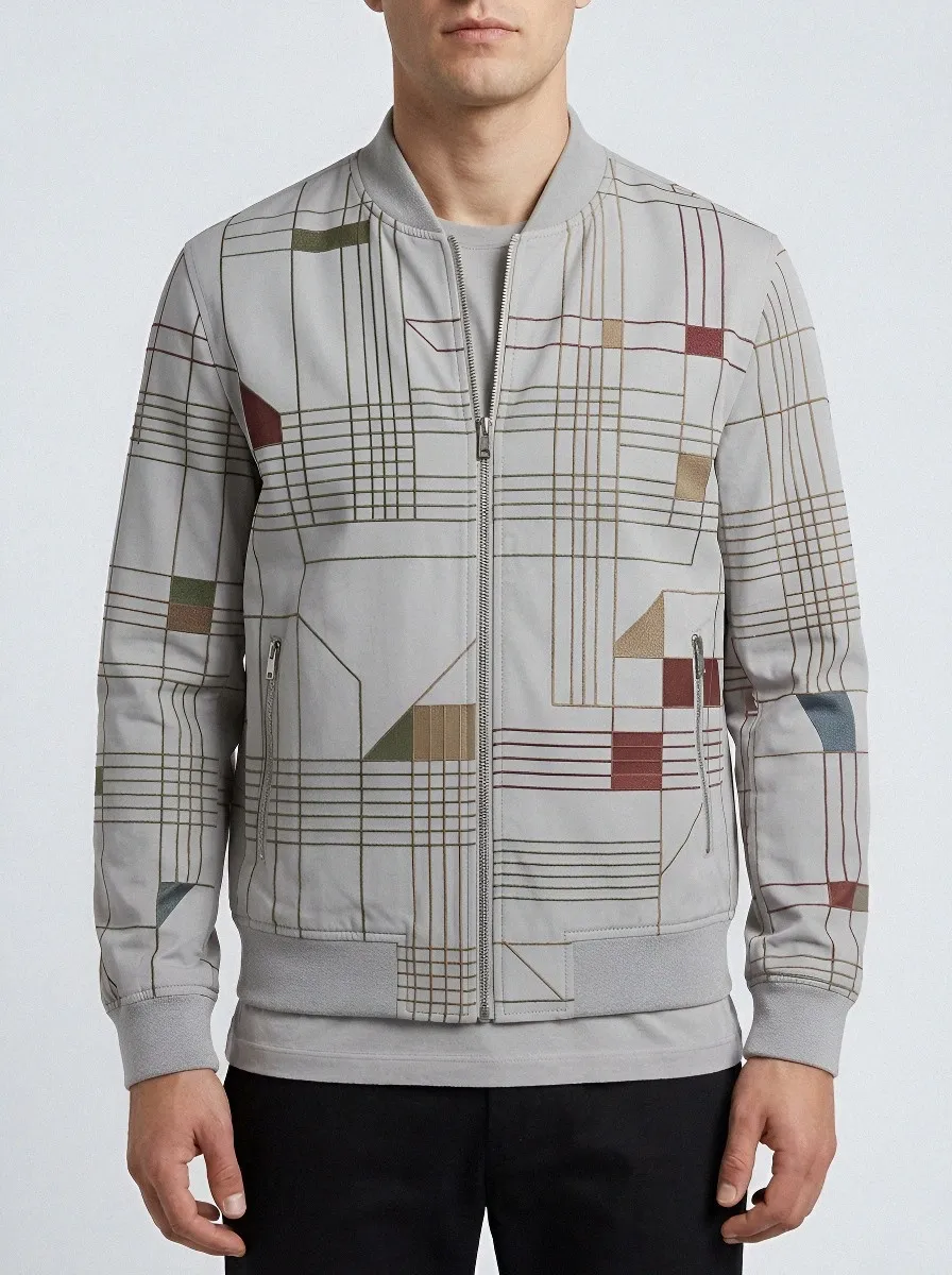 Men's Geometric Grid Pattern Printed Bomber Jacket Everyday Design