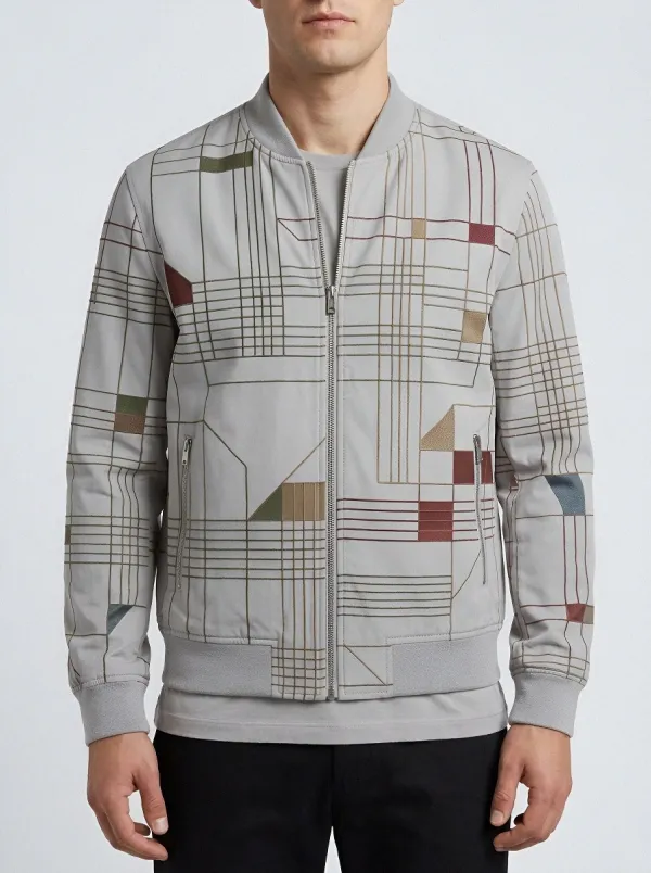 Men's Geometric Grid Pattern Printed Bomber Jacket Everyday Design