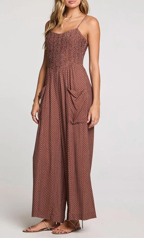 Brown Smocked Waist Wide Leg Jumpsuit