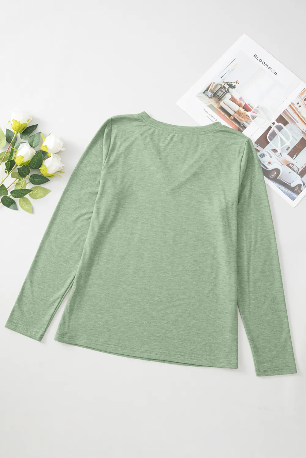 Grass Green V Neck Long Sleeve Top