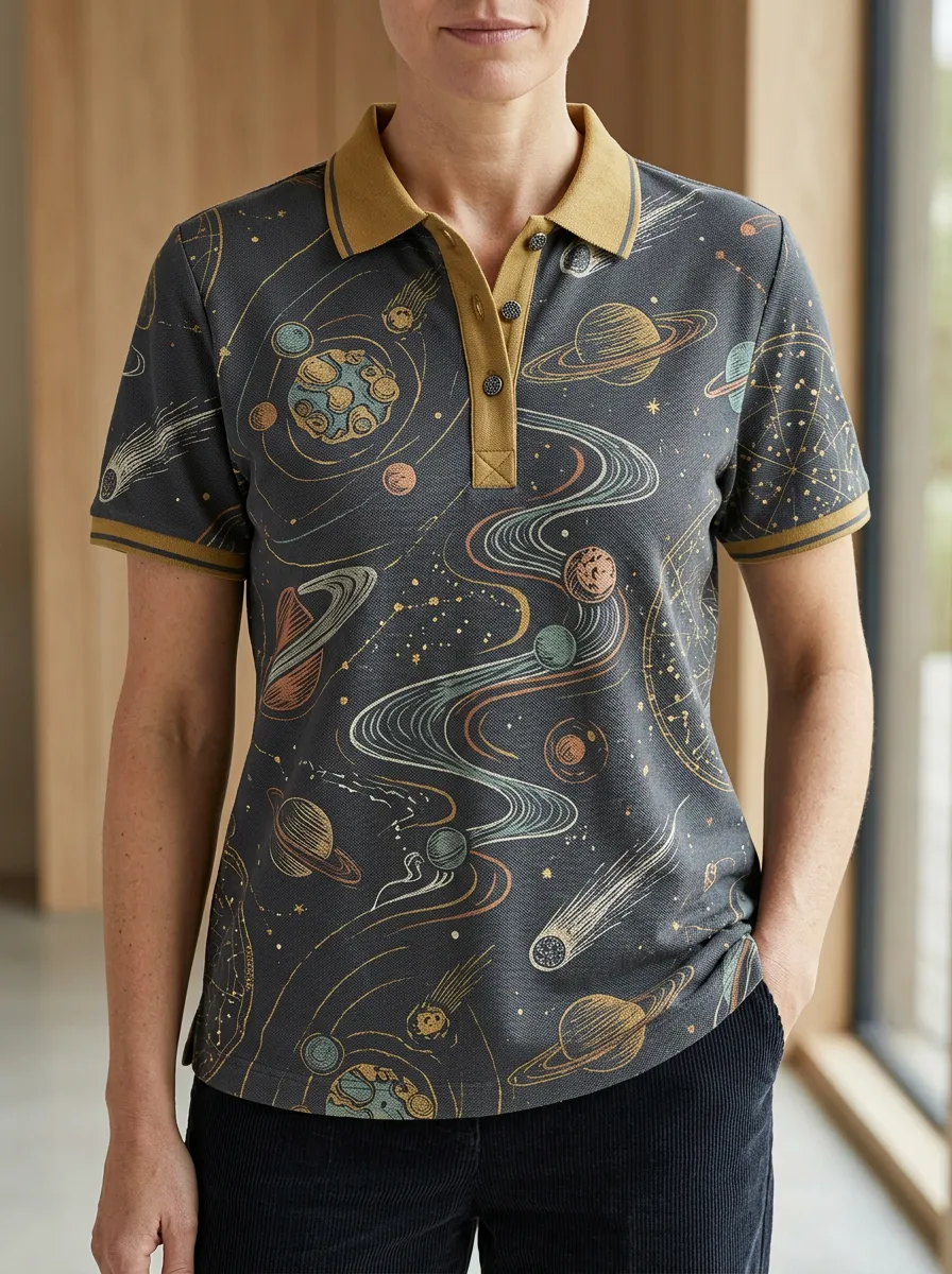 Women's Space Astronomy Lover Planets Printed polo shirt