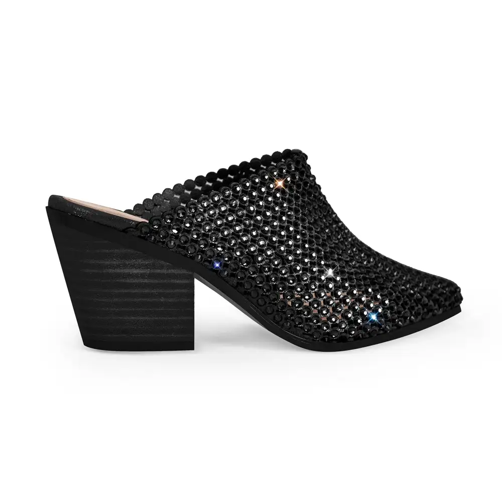 Rhinestone Pointed Toe Chunky Heel Heeled Mules