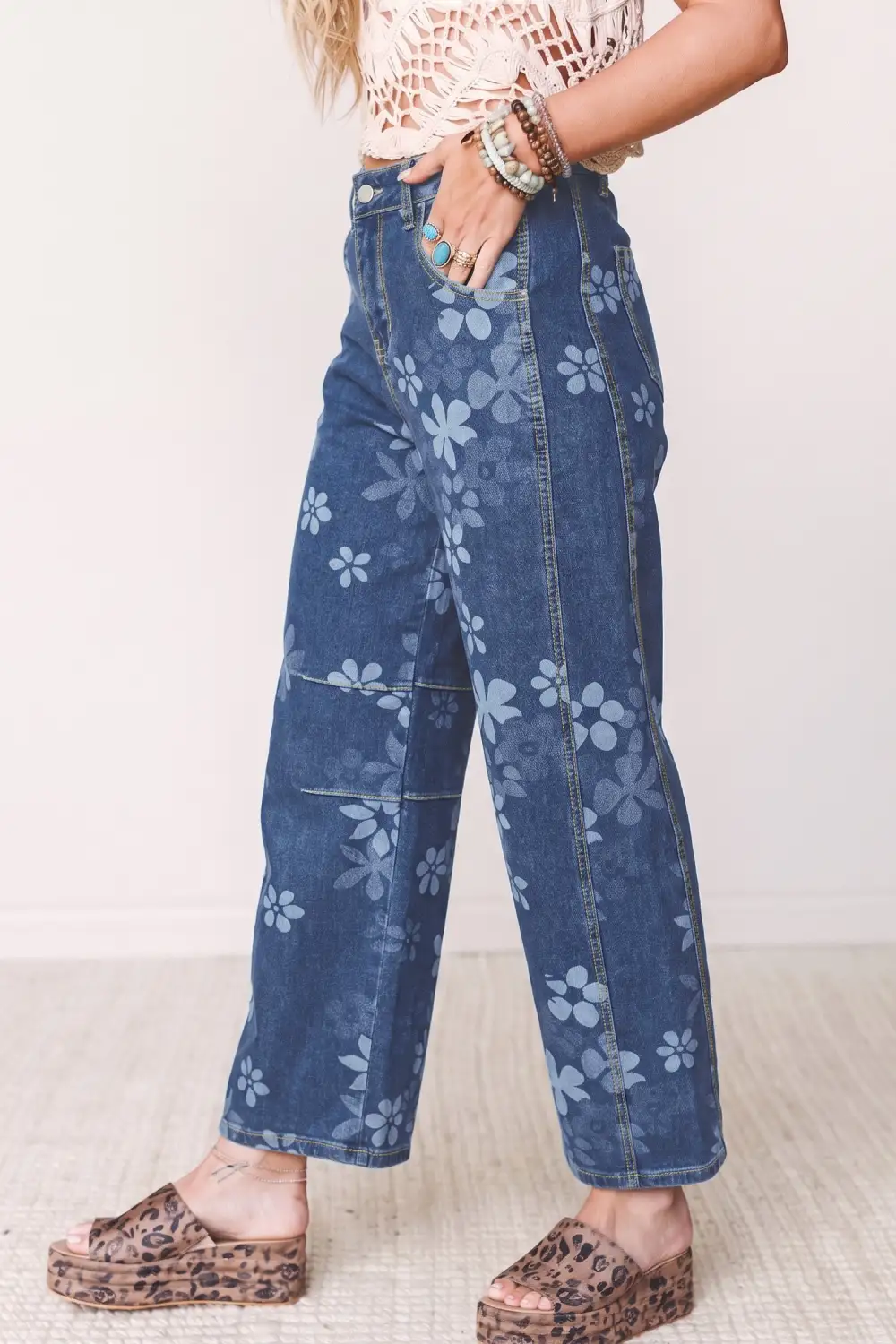 Women's Floral Print Ankle Length Casual Pocket Jeans