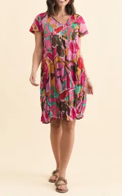 Above-Knee Floral Cotton Button-Front Pocket Pleated V-Neck Dress