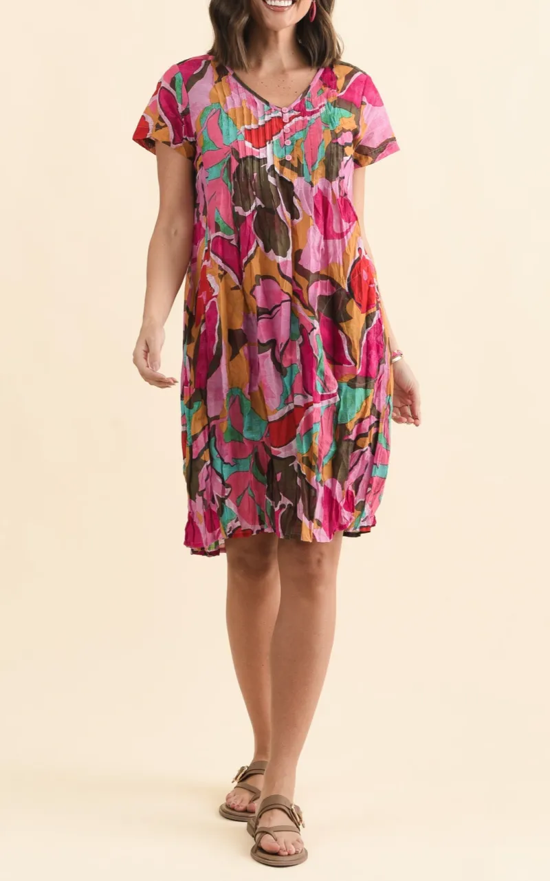 Above-Knee Floral Cotton Button-Front Pocket Pleated V-Neck Dress