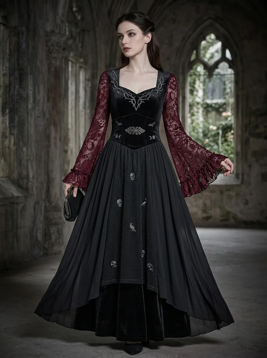 Punk Skull Raven Lace Style Women's Gothic Dress