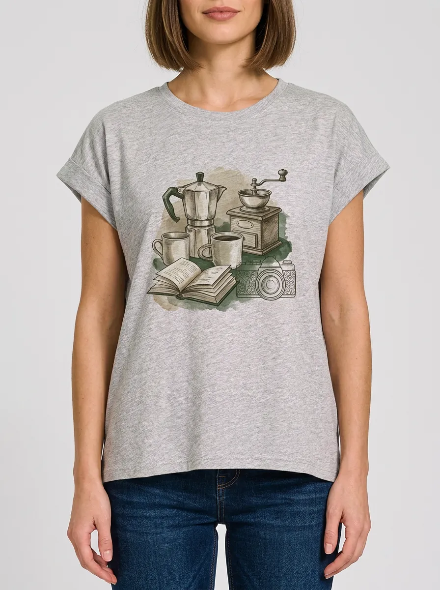 Women's Coffee Book Camera Graphic T-Shirt