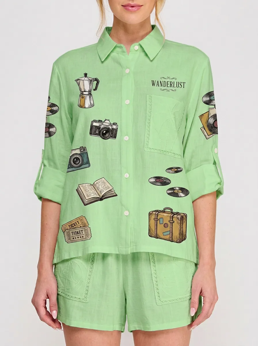 Women's Wanderlust Travel Hobby Printed Button-Down Shirt