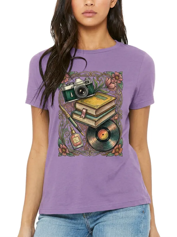 Women's Vintage Hobby Lover Camera Books Vinyl Printed T-shirt