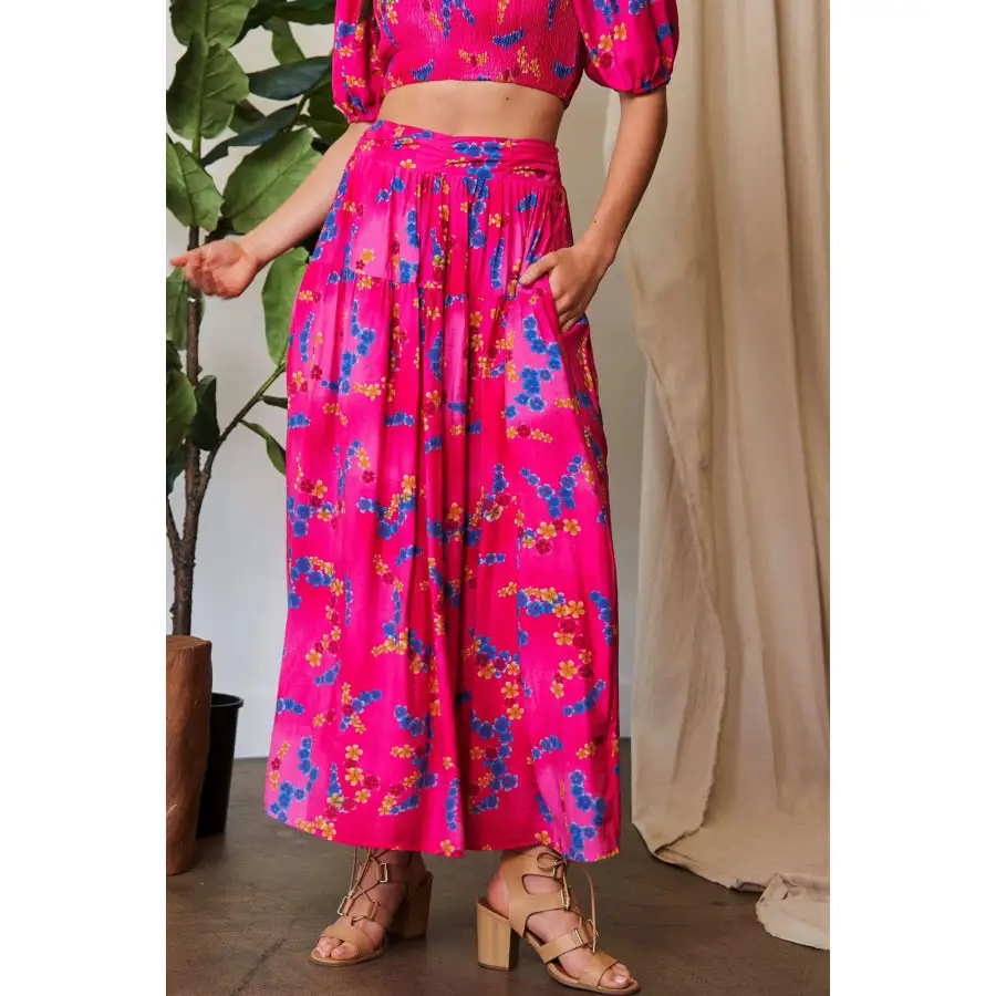 Classic Printed Smocking Waistband Ruffled Maxi Skirt