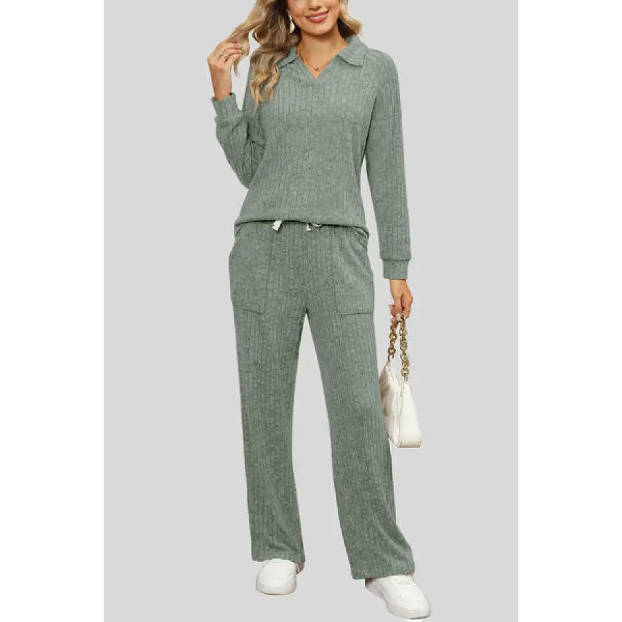 Ribbed Long Sleeve Top and Pocketed Pants Set