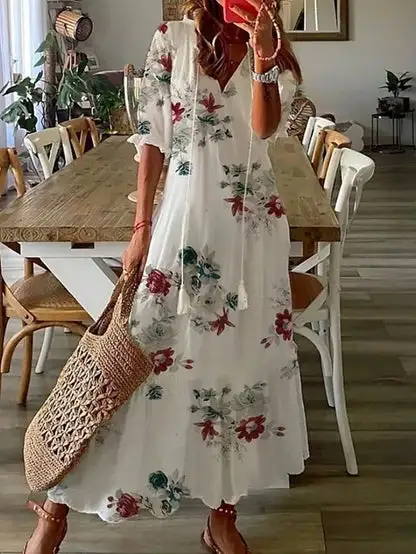  Boho Ikat Print Maxi Dress