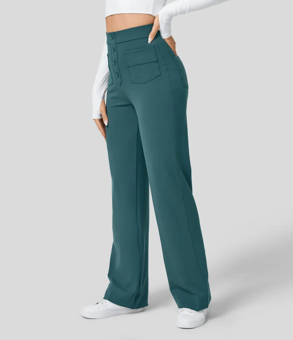 High Waisted Button Multiple Pockets Straight Leg Casual Pants