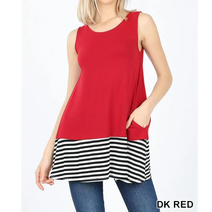 Solid Contrast Sleeveless Top With Pockets