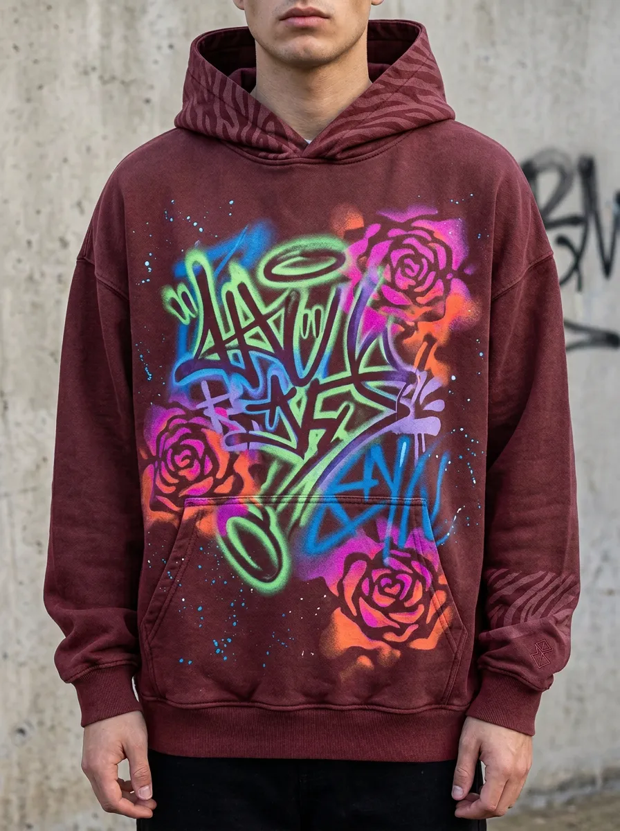 Unisex Streetwear Graffiti Rose Neon Airbrush Graphic Hoodie