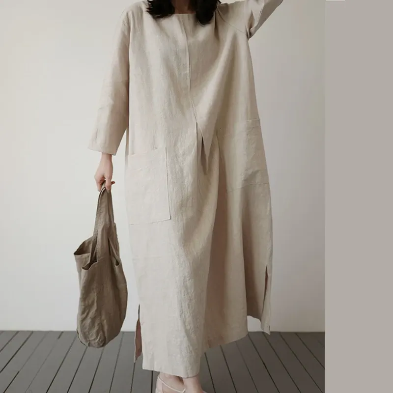 Linen Blend Cotton Blend Maxi Button Detail Dress