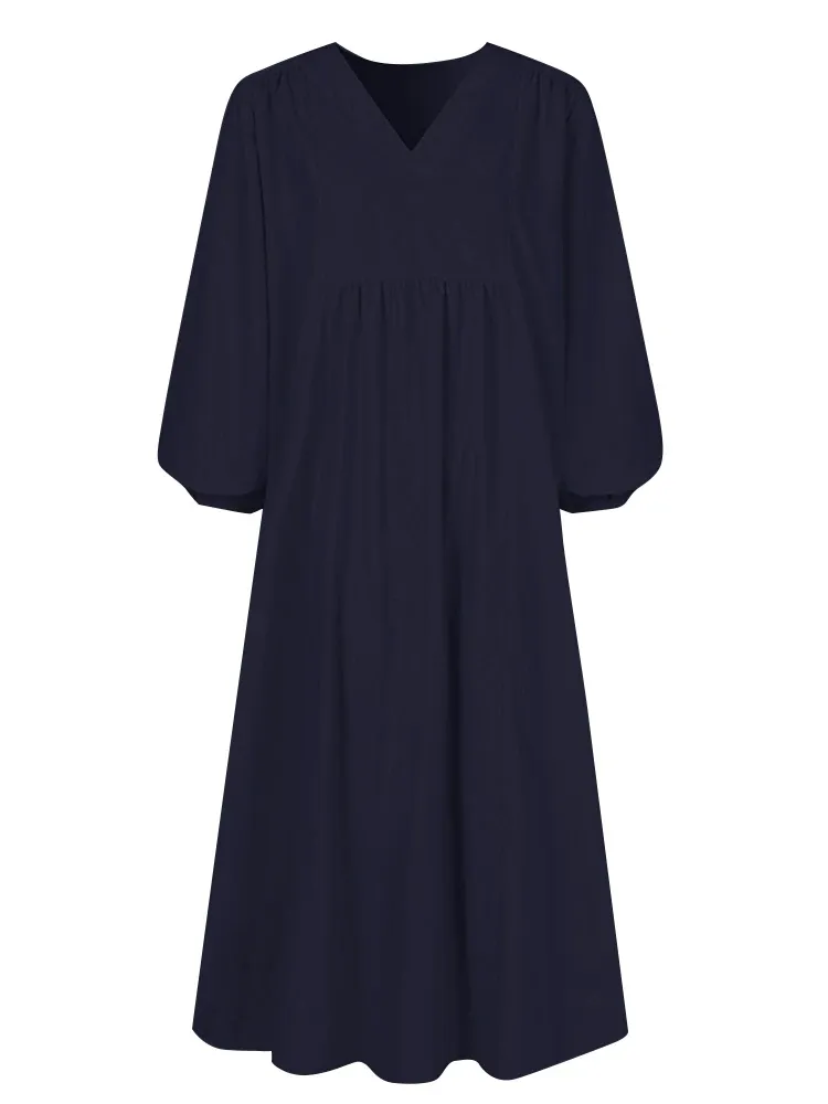 Long Sleeve Linen Blend Cotton Blend Maxi Soft Drape Dress
