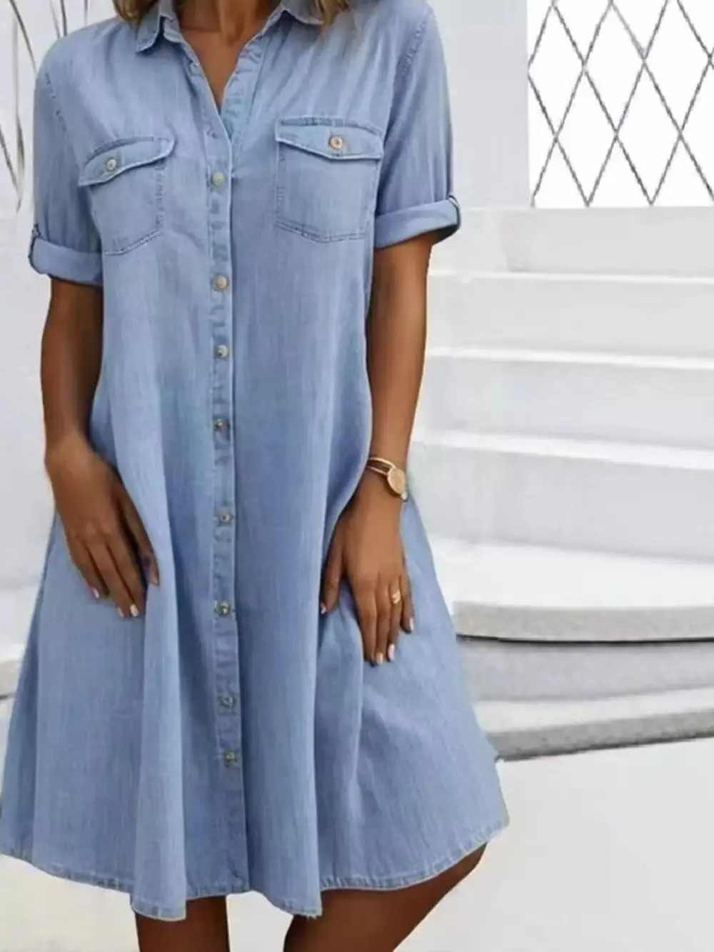 Soft Touch Denim Button Front Short Sleeve Dress