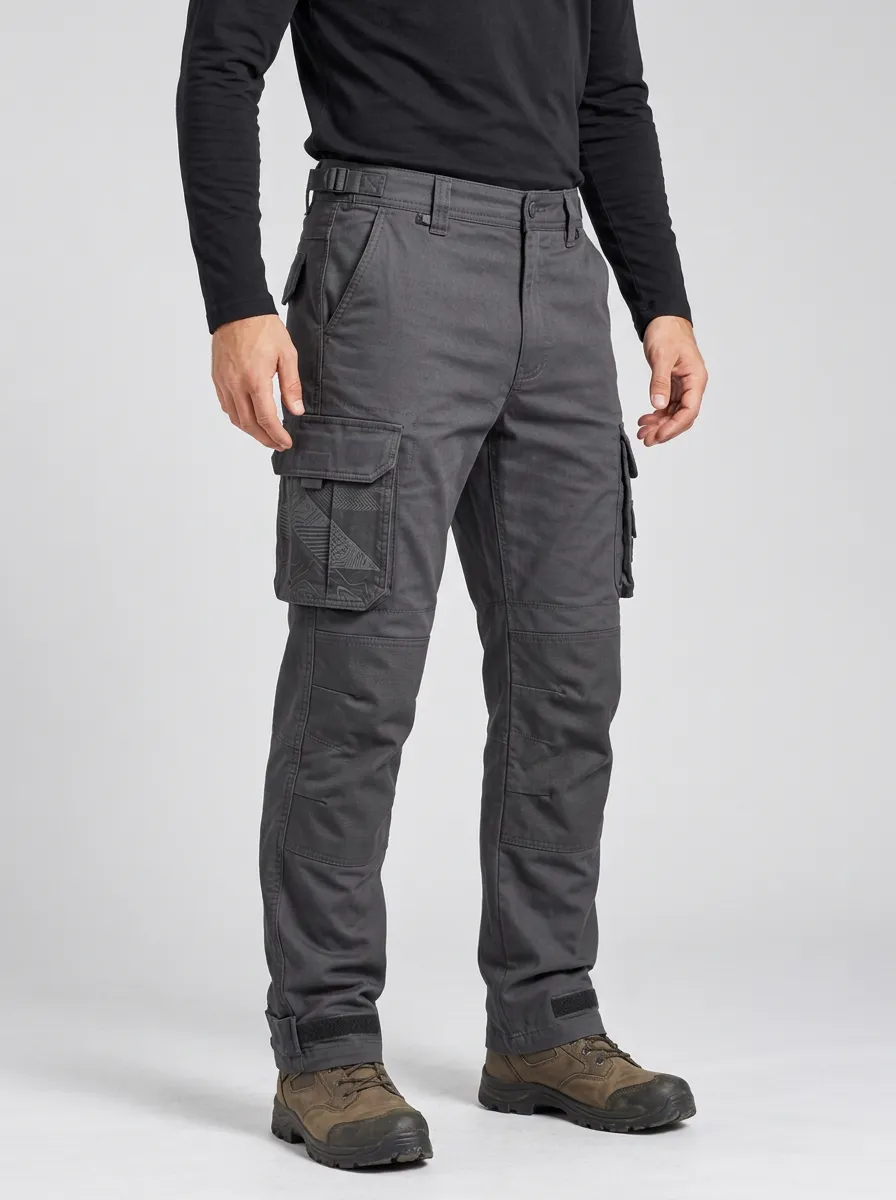 Men's Charcoal Grey Geometric Reinforced Knee Adjustable Hem Tactical Cargo Pants