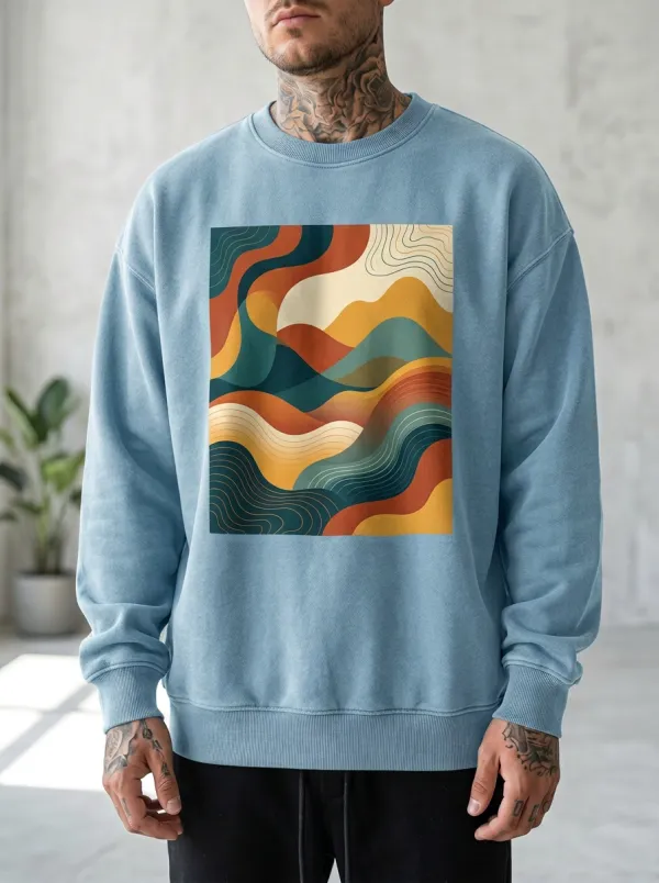 Men's Abstract Retro Wave Printed Crewneck Sweatshirt