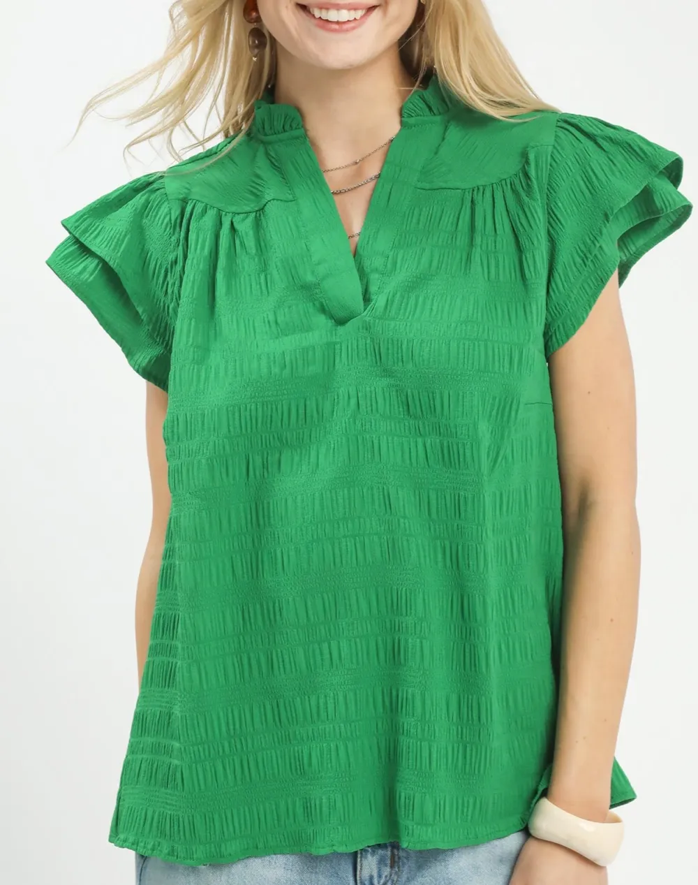 Textured Flutter Sleeve Split Neck Top