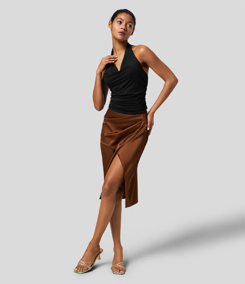 Halter Cowl Neck Backless Ruched Casual Tank Top