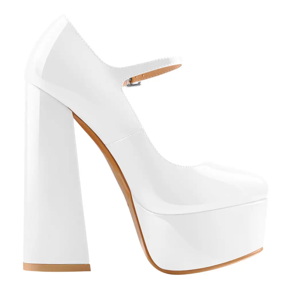 Patent Finish Pointed Toe Platform Chunky Heel Pumps