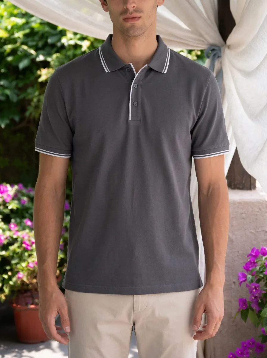 Men's Charcoal Grey Contrast Trim Polo Shirt