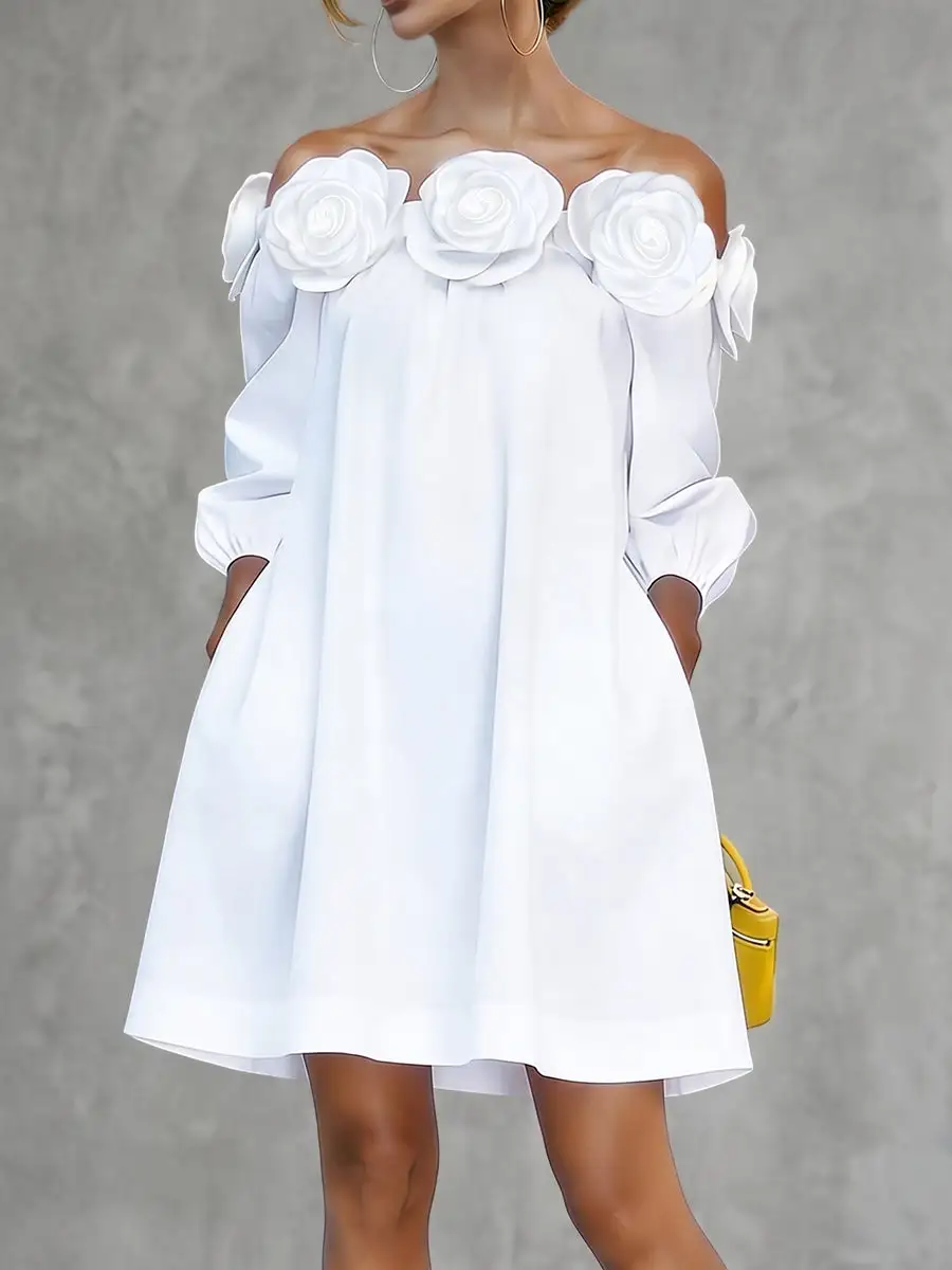 Half Sleeve Relaxed Pocket Solid Color Three Dimensional Flower Off The