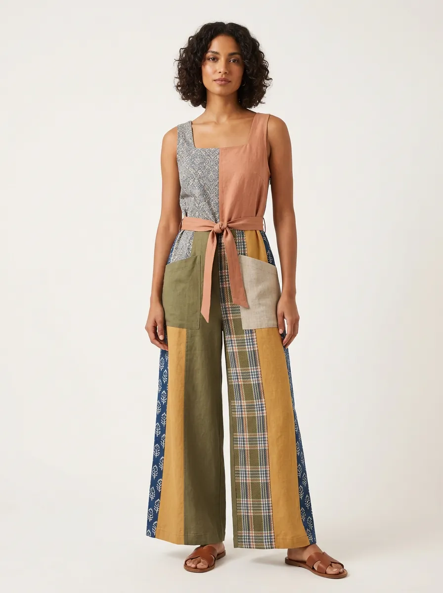 Women's Boho Patchwork Floral Plaid Graphic Jumpsuit