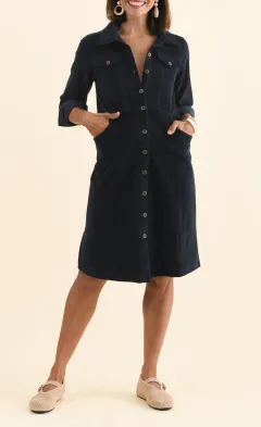 Cotton Button-Front Pocket Collared Long-Sleeve A-Line Knee-Length Dress
