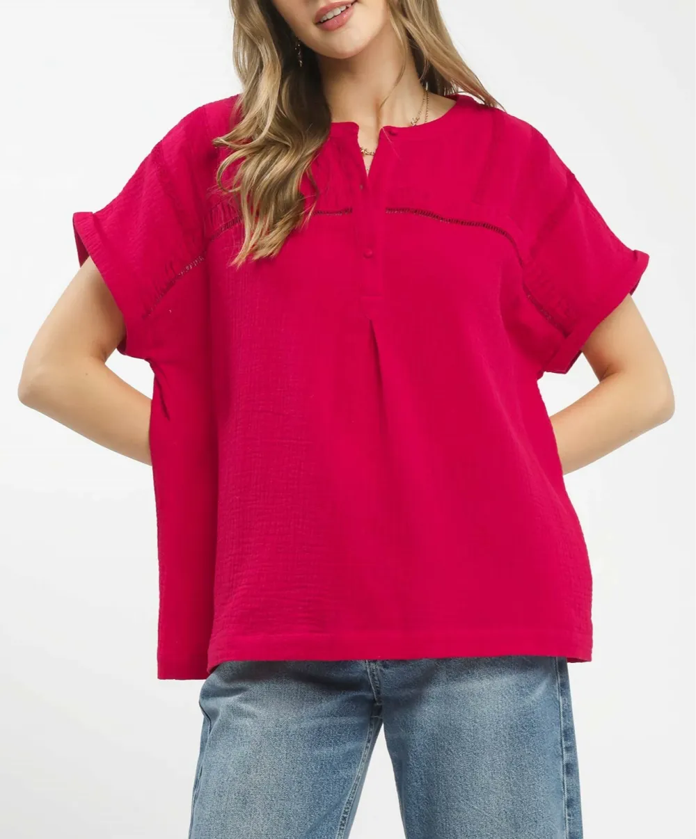 Cotton Textured Gauze Embroidered Buttoned Split-Neck Boho Blouse