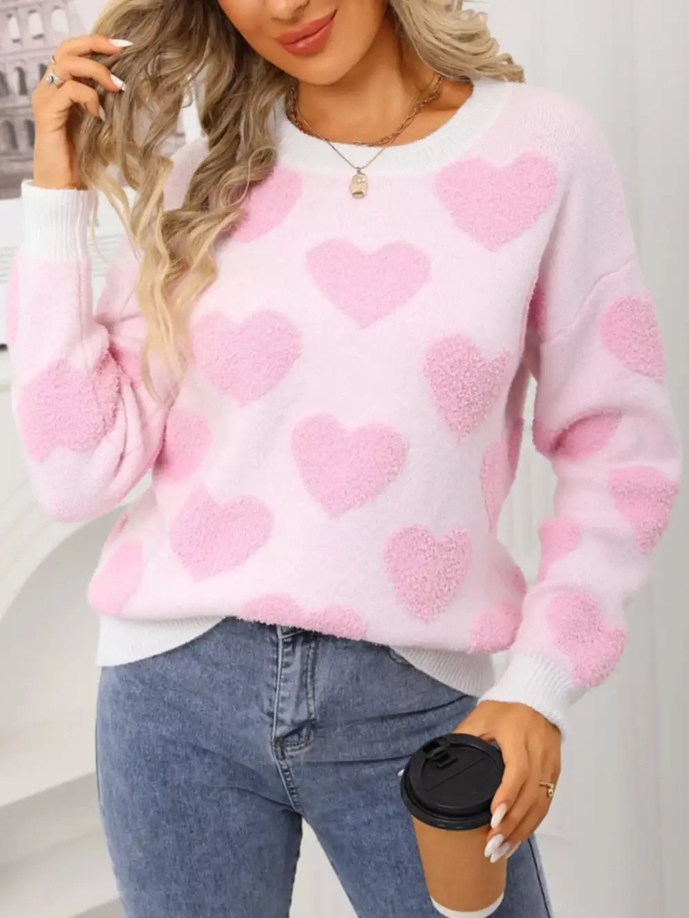 Textured Valentine's Day Heart Pattern Round Neck Sweater