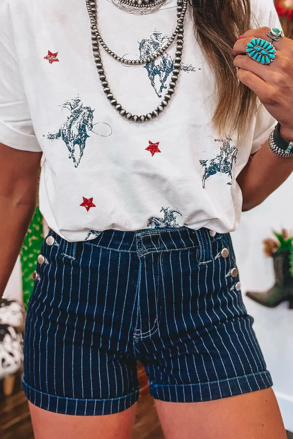 Stripe Metal Button Detail Denim Shorts
