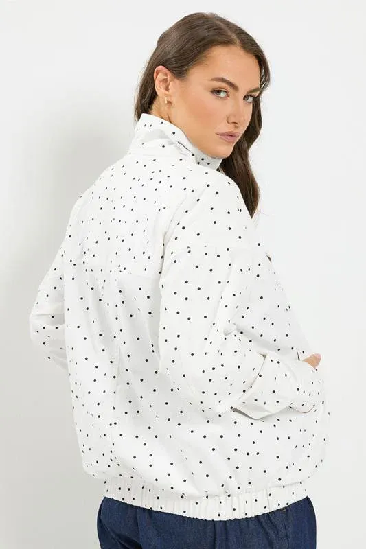 White Polka Dot Funnel Neck Bomber Jacket