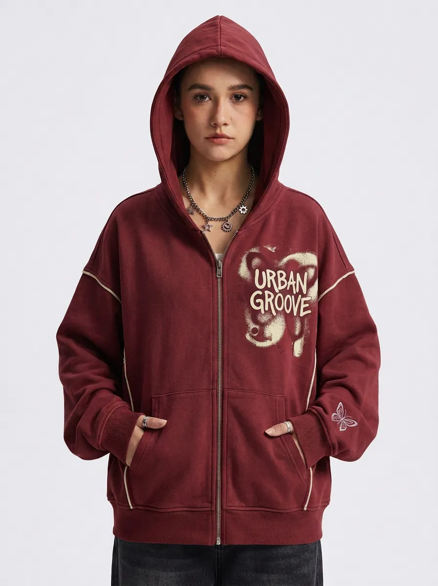 Women's Streetwear Urban Groove Butterfly Graffiti Printed Zip-up Hoodie