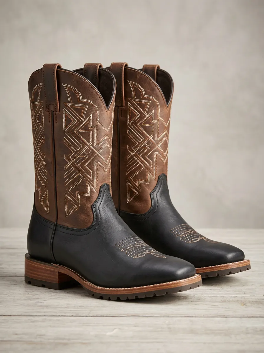 Men's Western Geometric Embroidered Two-Tone Cowboy Boots