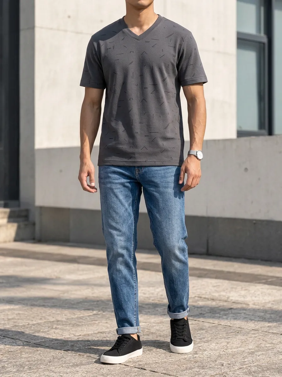 Men's Casual Geometric Pattern Printed V-Neck T-Shirt and Jeans Set