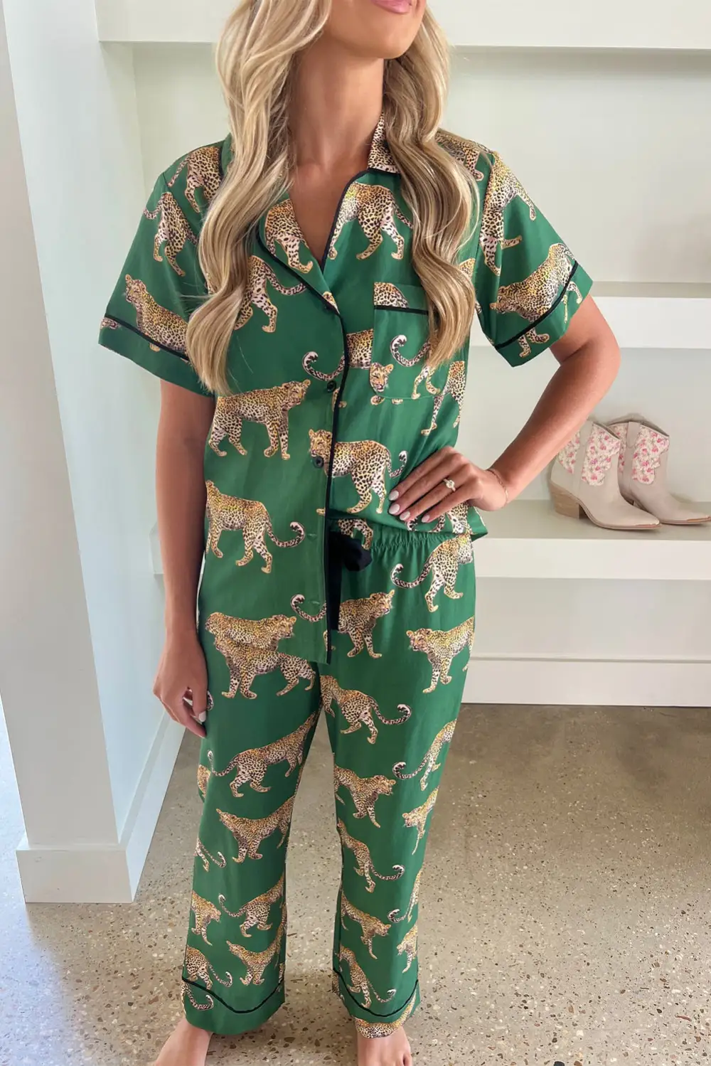 Cheetah Print Shirt And Pants Pajama Set